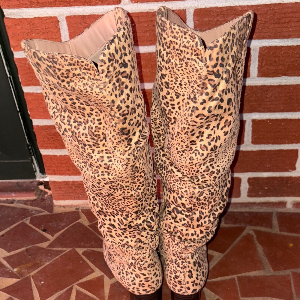 Leopard Print Slouch Knee High Boots Size 8.5 Western Boho Festival - Picture 5 of 8